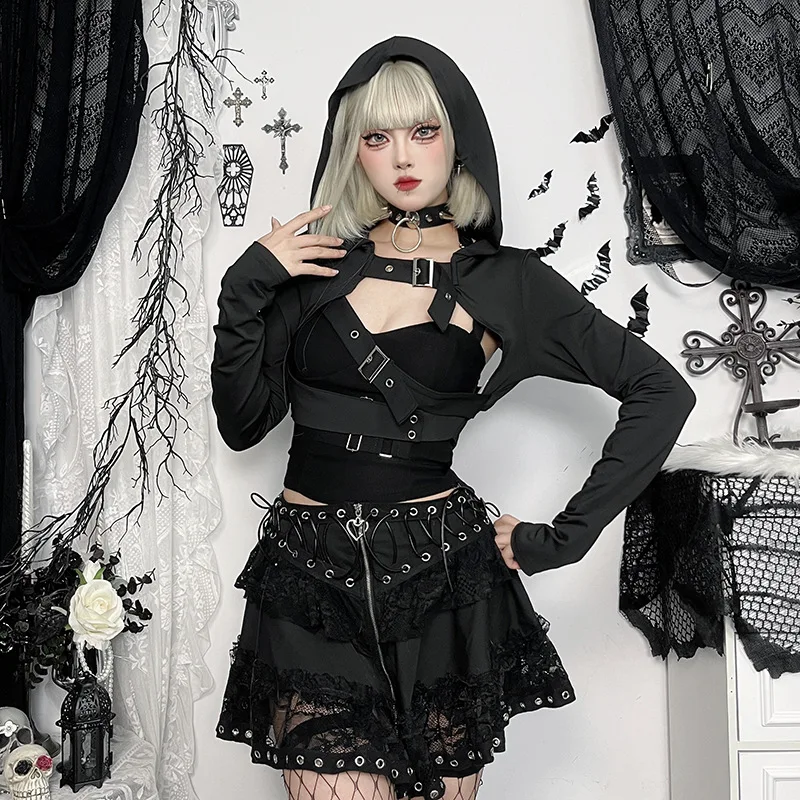 Girls Harajuku Gothic Jackets Women Streetwear Cyber Punk Grunge Hollow Out Long Sleeve Hooded Crop Coats Vintage Rave Outfits