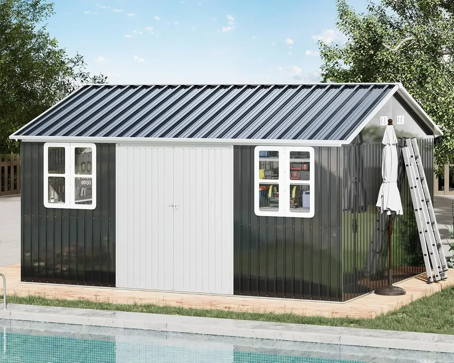 

12x14x8.5 FT Galvanized Steel Outdoor Storage Shed with 2 4-Pane Windows Lockable Door, Nordic Cottage Shed for Backyard, Garden