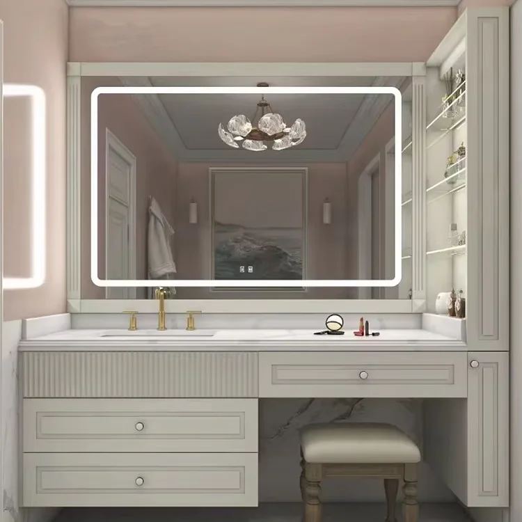 

&c Modern Hotel Bathroom Furniture Wall-mounted Wooden Storage Cabinet Smart Mirror Dressing Table for Workshop Apartment Use