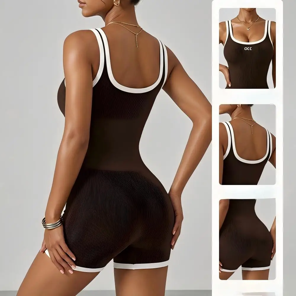 Color blocking U-neck sports jumpsuit for women, slimming and slimming fitness yoga clothes, quick drying breathable jumpsuit