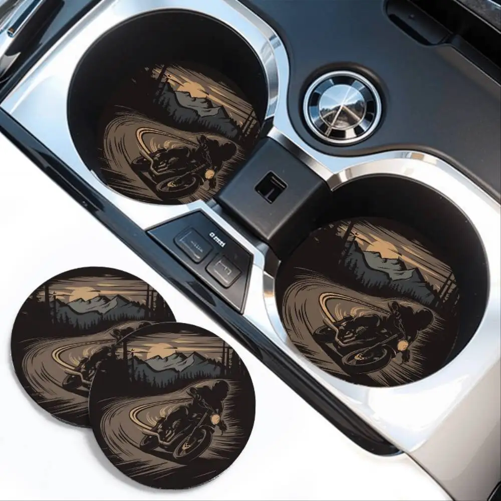 Motorcycle-Themed EVA Car Coasters 2pcs Absorbent Non-Slip Base Motorcycle Scenery Auto Interior Accessories