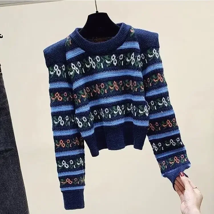 Korean Retro Round Neck Sweater Women 2024 Autumn New Contrast Stripe Short Pullover Fashion Long Sleeve Knitted Sweater