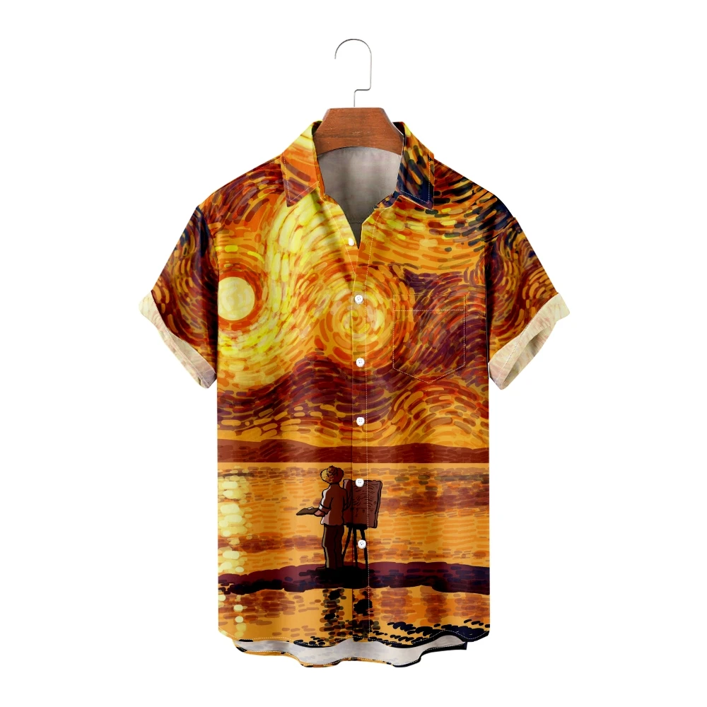 

Men's Casual Shirts Oil on canvas sunset Short Sleeve Shirts Cool Summer Tops Vintage Breathable