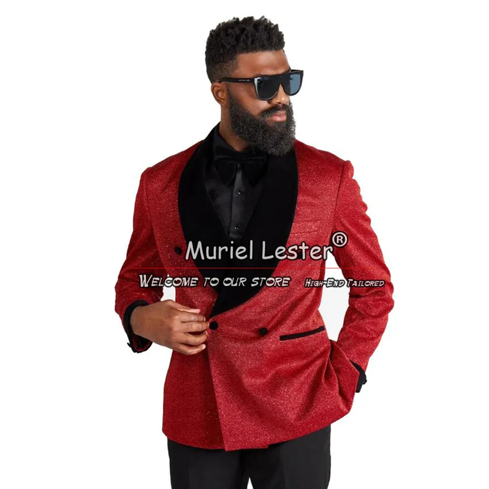 Handsome Suits Men For Wedding Velvet Sparkly Red Jacket With Black Pants 2 Pieces Groom Tuxedo Male Prom Blazer Sets Customized