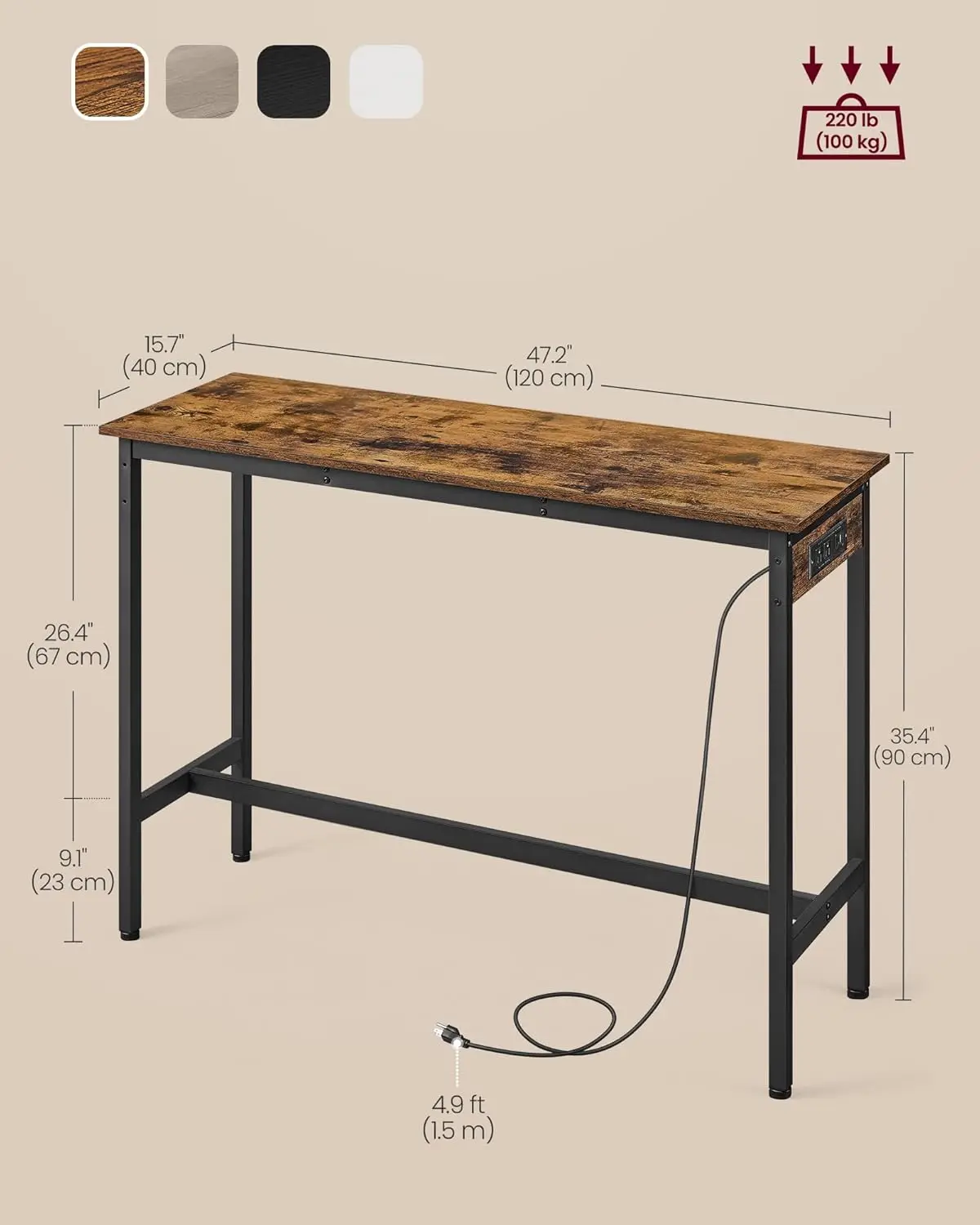Bar Table, Narrow Long Table with Charging Station, Kitchen Dining Table, High Pub Table, Sturdy Metal Frame, Industrial, 15.7 x