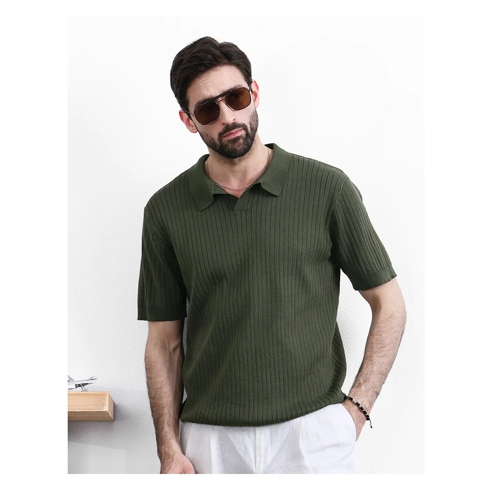 

2026 Lapel Men's Knitted Polo Shirt Short-sleeved Summer Thin Vertical Striped Slim-fit Casual Elastic T-shirt