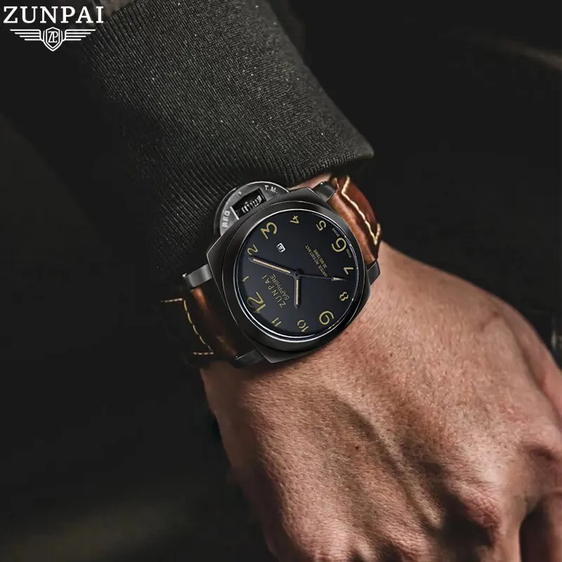 ZUNPAI Original Watch for Men Waterproof Sport Fashion Leather Strap Black Luminous Analog Baterai Quartz Wristwatches