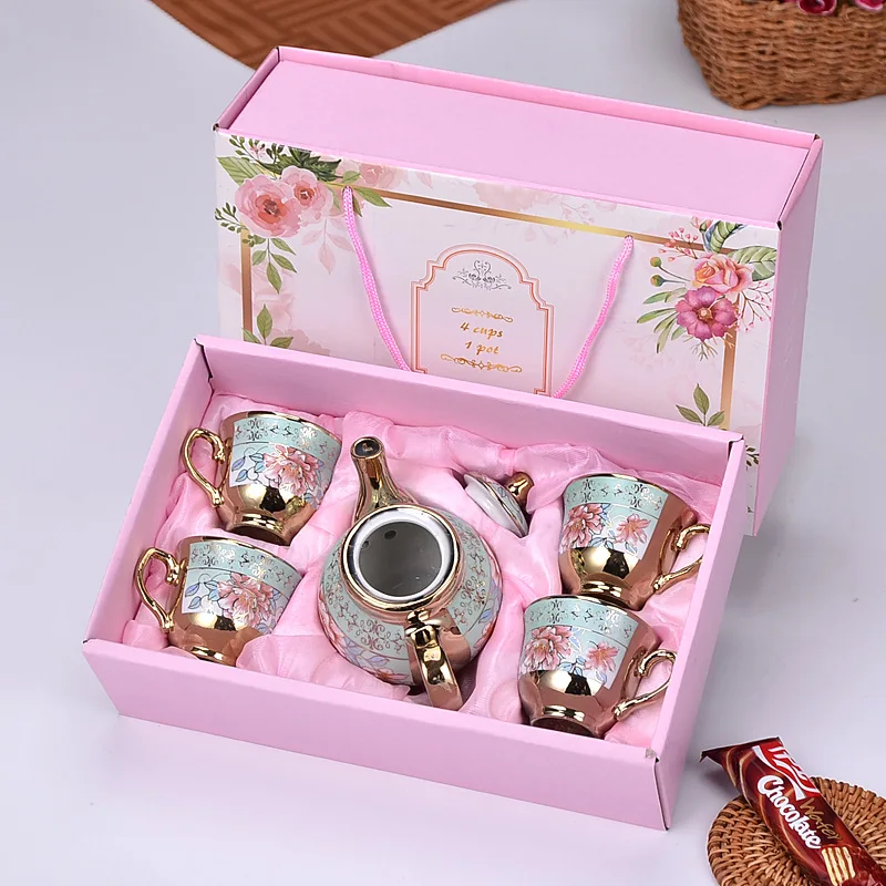 European Style Plated Ceramic Tea Set Gold Coffee Cup Plate Sales Gift Ceramic Cup Pot Set LOO Creative Pattern Short Sleeve