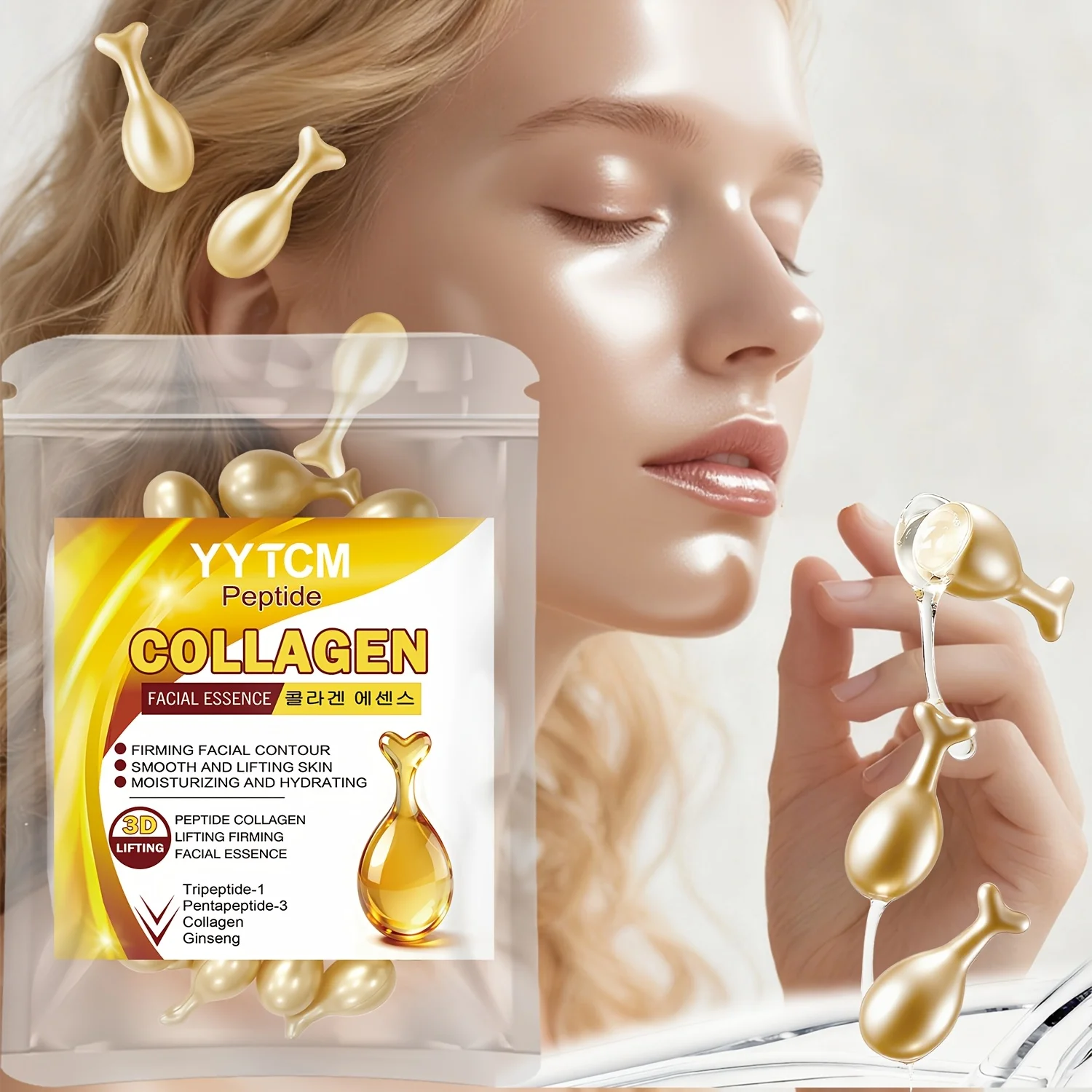 Polypeptid-Kollagen-Essenz-Kapseln, Feuchtigkeitsspendende und Straffende Essenz, Glättet die Haut, Enthält Squalan, Fulleren, Ginseng-Extrakt, Tiefenwirksame Hydratation (0,34Gx30 Kapseln)/Beutel