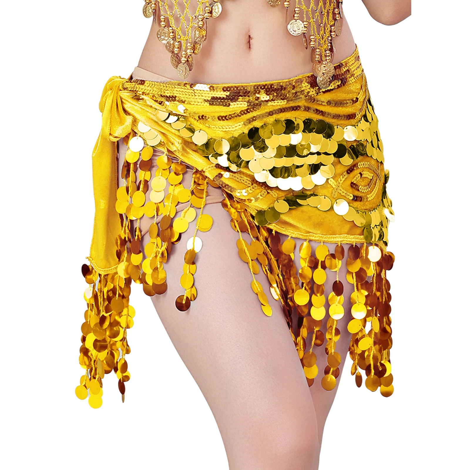 

Womens Belly Dance Velvet Hip Scarf Glittery Sequin Tassel Lace-up Waist Skirt Hip Wrap Dance Costume for Stage Class Training