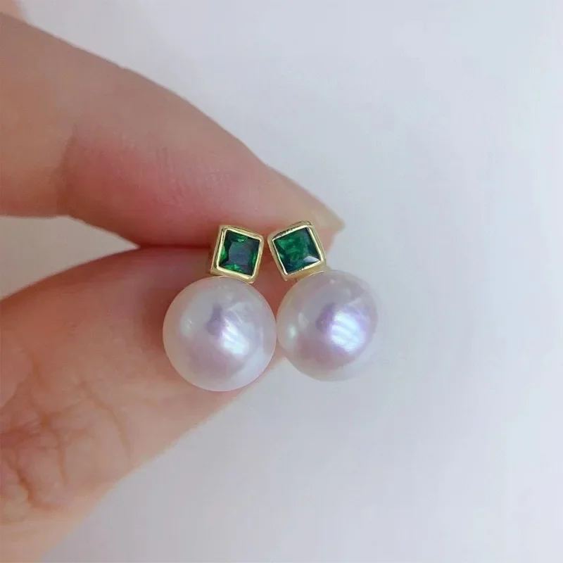 HENGSHENG 7-8mm Bread Round Natural Freshwater Pearl Earrings Square Emerald Rhinestone Stud Earrings for Women Jewelry Gift