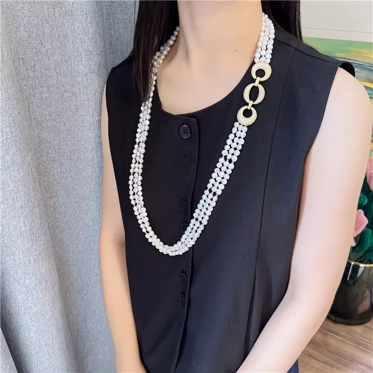 3 Strands Natural Baroque Irregular Shaped Pearl CZ Connector Necklace