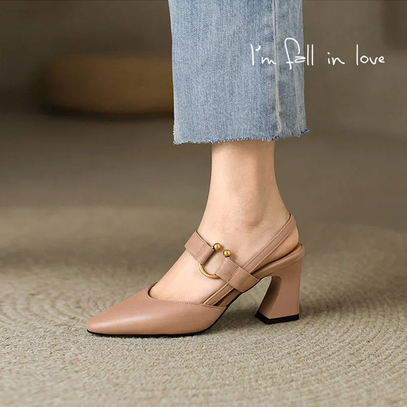 High Heels Women\'s Shoes Pointed Toe Sandals for Woman Block Heel Buckles Footwear One Word Leather Summer 2024 Vintage Trend H