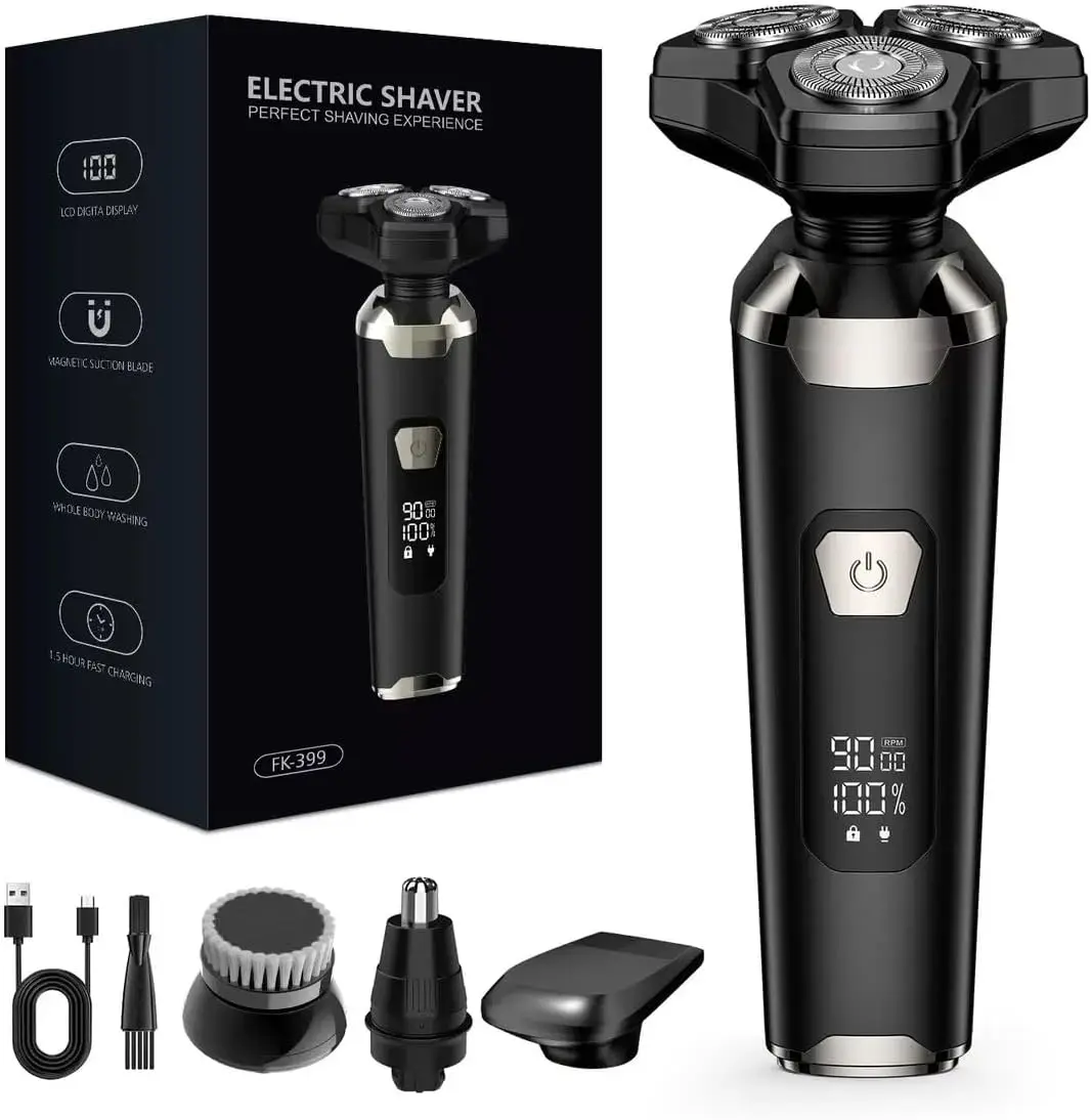 

Электробритва 4-в-1 для мужчин, с магнитными плавающими головками, водонепроницаемость IPX7, блокировка для путешествий и триммер для носа — полный набор для ухода