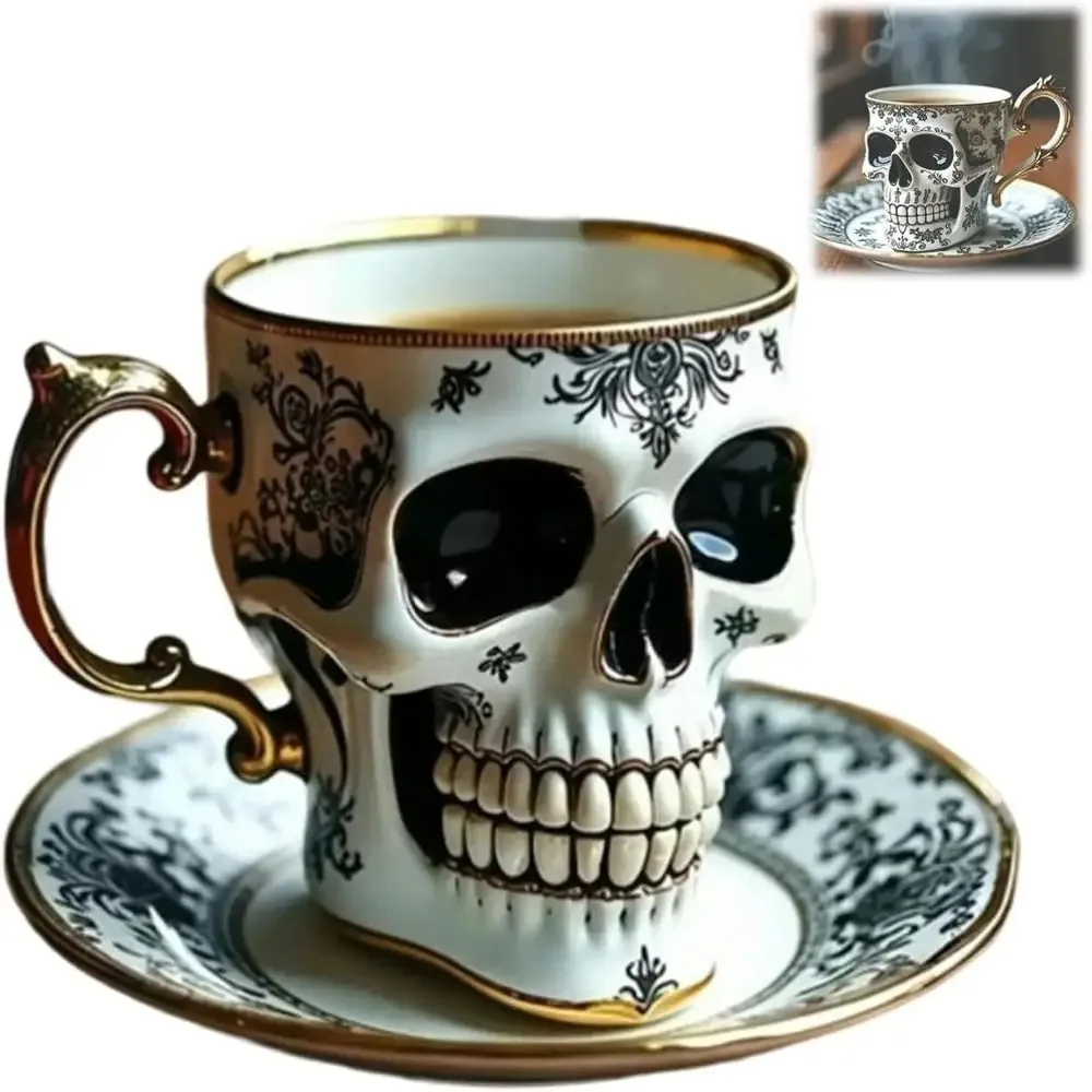 

New Halloween Skull Printed Resin Coffee Cups and Saucers Gift Box Set Household High-grade Exquisite Coffee Tea Cup Set