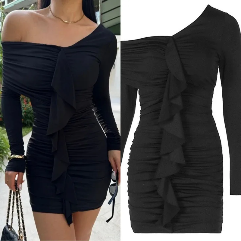 

Sexy Slim Fit Hip Hugging Short Skirt Ladies' Temperament Small Dress Dress Fashionable Solid Color Pleated Slanted Neck Dress