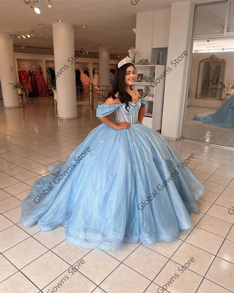 Мексиканское платье Quinceanera с синими бусинами, бальное платье с открытыми плечами, платье для дня рождения, платья принцессы, милые 15, 16, по индивидуальному заказу