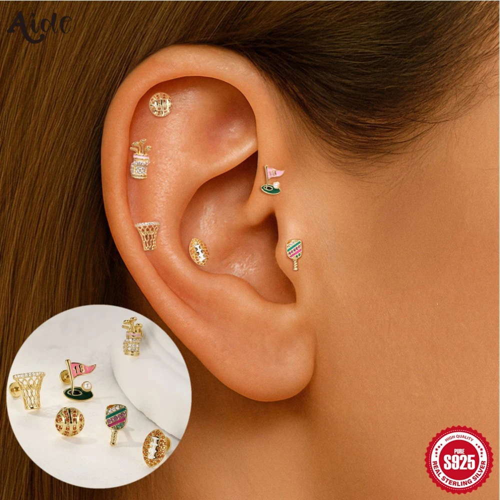 

Aide Single 1pc 925 Sterling Silver Cartilage Piercing Earring for Women Y2k Sport Basketball Helix Flat Studs Jewel Pendientes