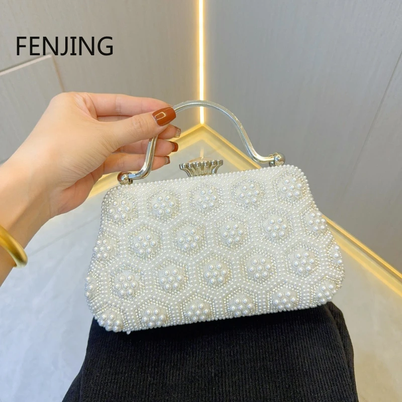 

White Pearl Tote Bag for Women Elegant Clutch Purse Luxury Evening Bags Handbag Wedding Party Prom Bag Vintage Crossbody Bag