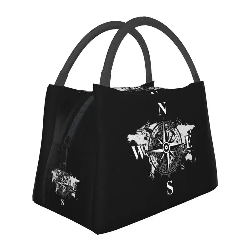 

Compass With World Map Insulated Lunch Bag for Women Waterproof Cardinal Points Of Earth Cooler Thermal Bento Box Work Picnic
