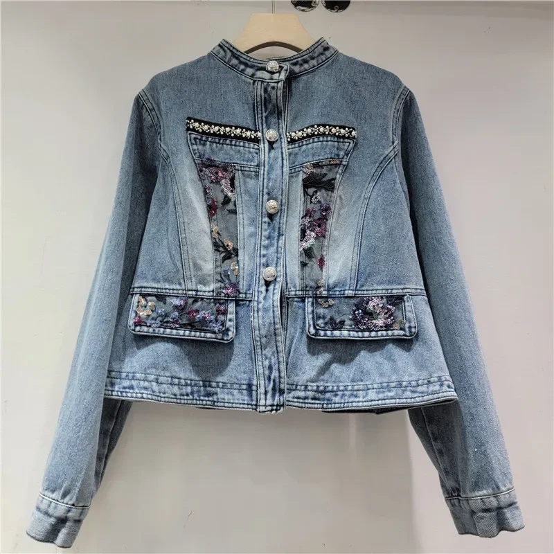 Herbst Vintage Spitze Pailletten Blumen Blau Kurze Jeans Jacke Frauen Stehen Kragen Einreiher Langarm Weibliche Cowboy Outwear