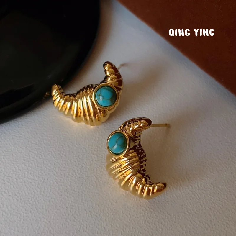 Blue stone croissant stud earrings for women half moon stud earrings simple vintage funny jewelry