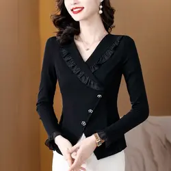 Spring Autumn New Women's Plus Size Irregular Shirt Fashion Elegant Versatile Slim V-Neck Ruffles Button Long Sleeve Tops