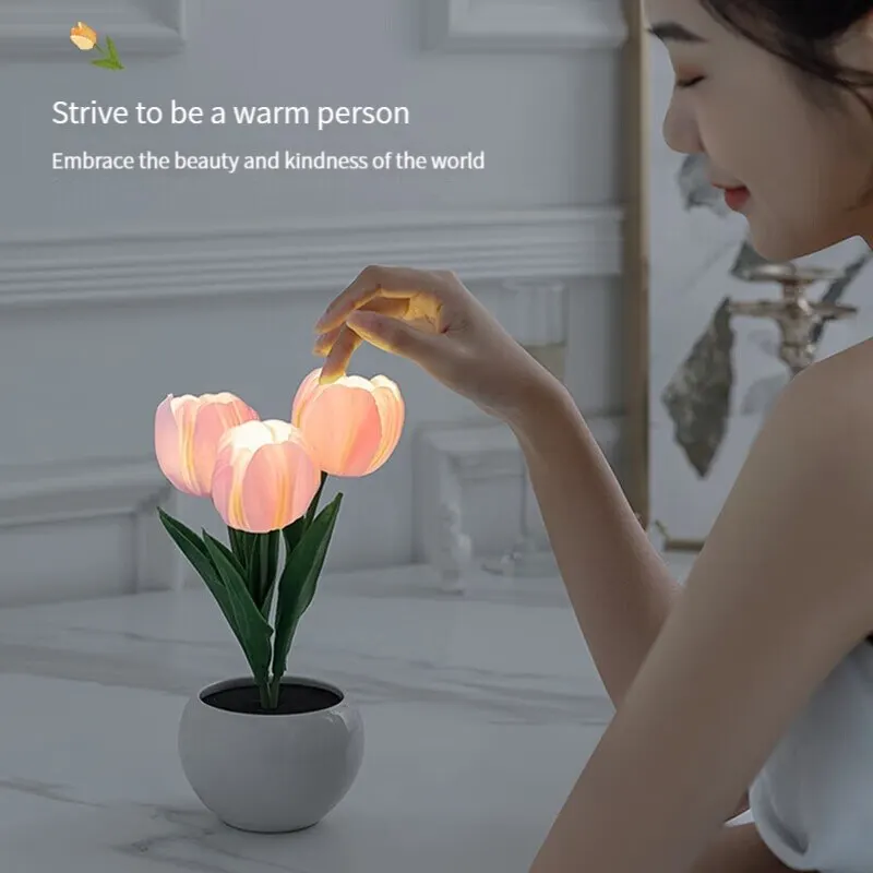 LED Tulip Night Light Can Be Plugged In Or On The Battery Bedroom Room Dormitory Bedside Ambient Light White / Pink Sleep Light