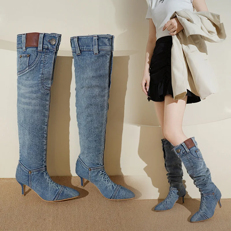 

New autumn denim Boots Outdoor non slip high heels Sharp pointed retro long boot Casual comfortable women's shoes Botas Zapatos