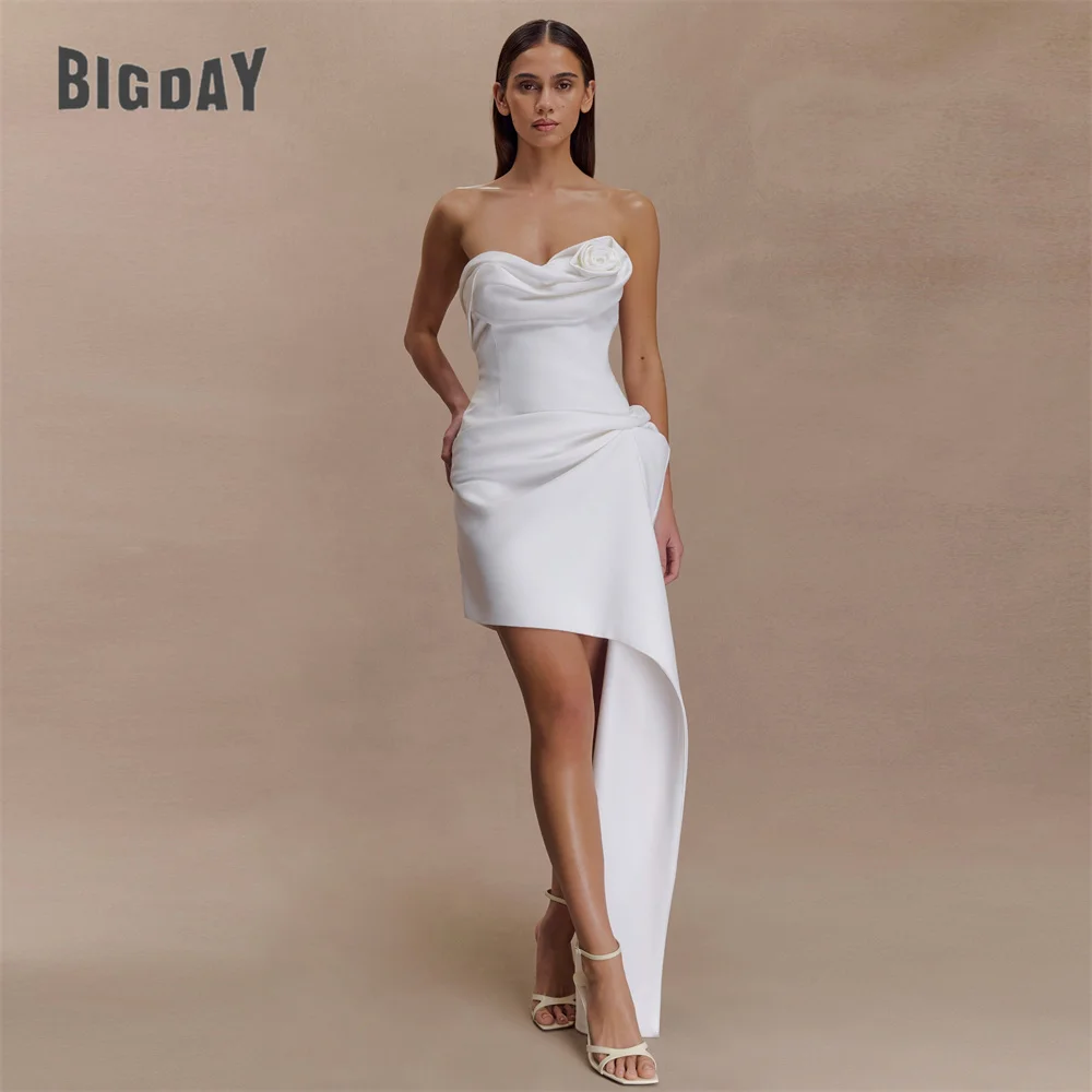 

BIGDAY Strapless Short Sheath Wedding Dress Flower Open Back Pleat Above-Knee Sleeveless Bridal Gown Vestido De Noiva Customized