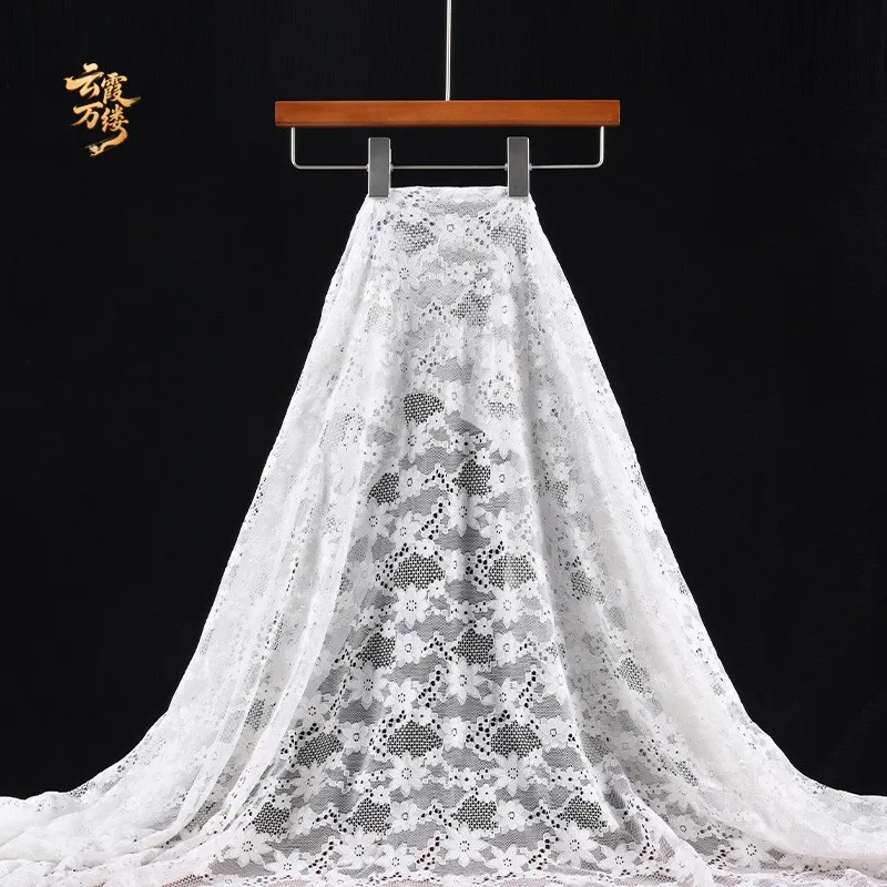 Light luxury white lace-trimmed mesh fabric semi-transparent soft drape for dress clothing