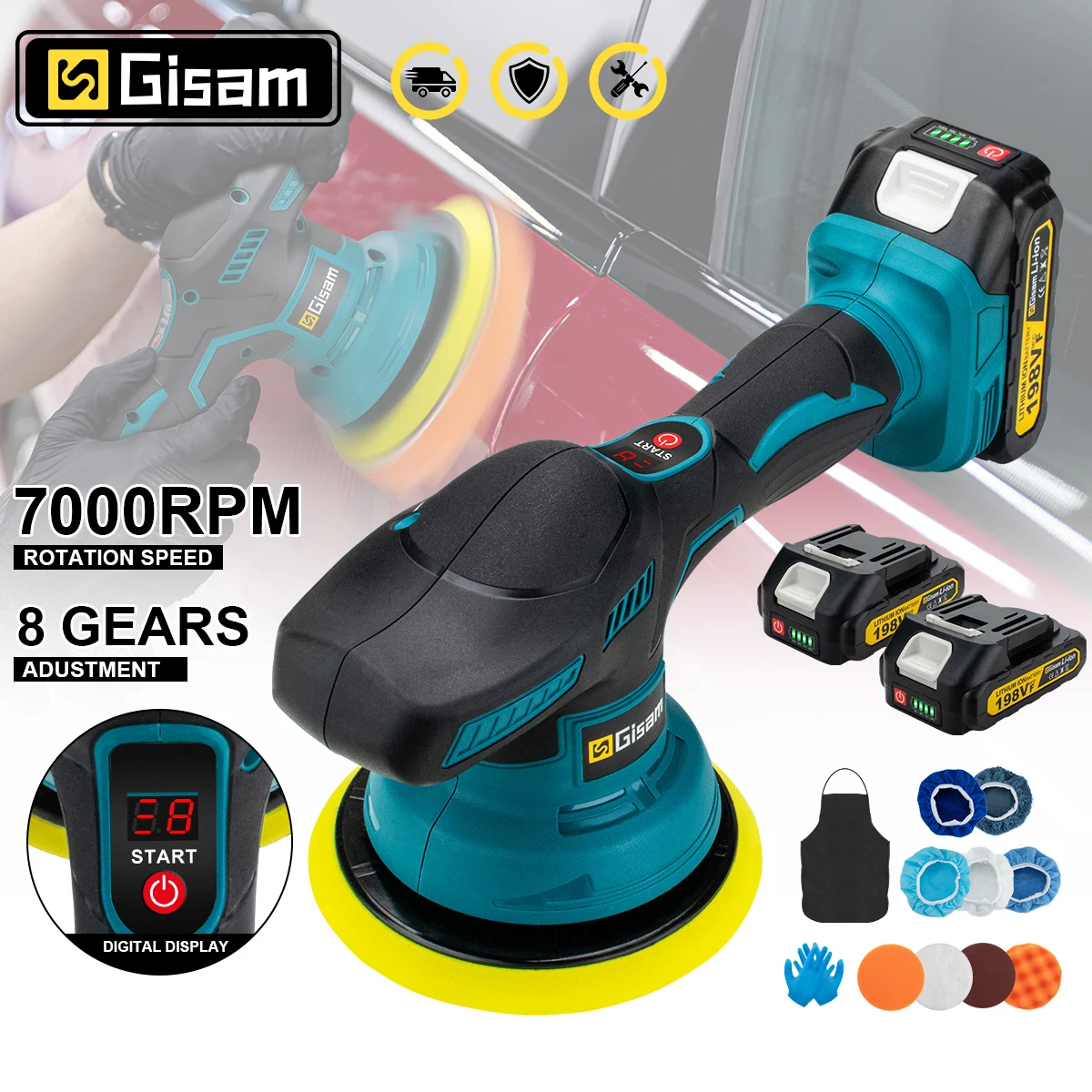 Gisam 8 Gears Digital Display Cordless Car Polisher Electric Polisher Auto Car Waxing Polishing Machine For Makita 18V Battery