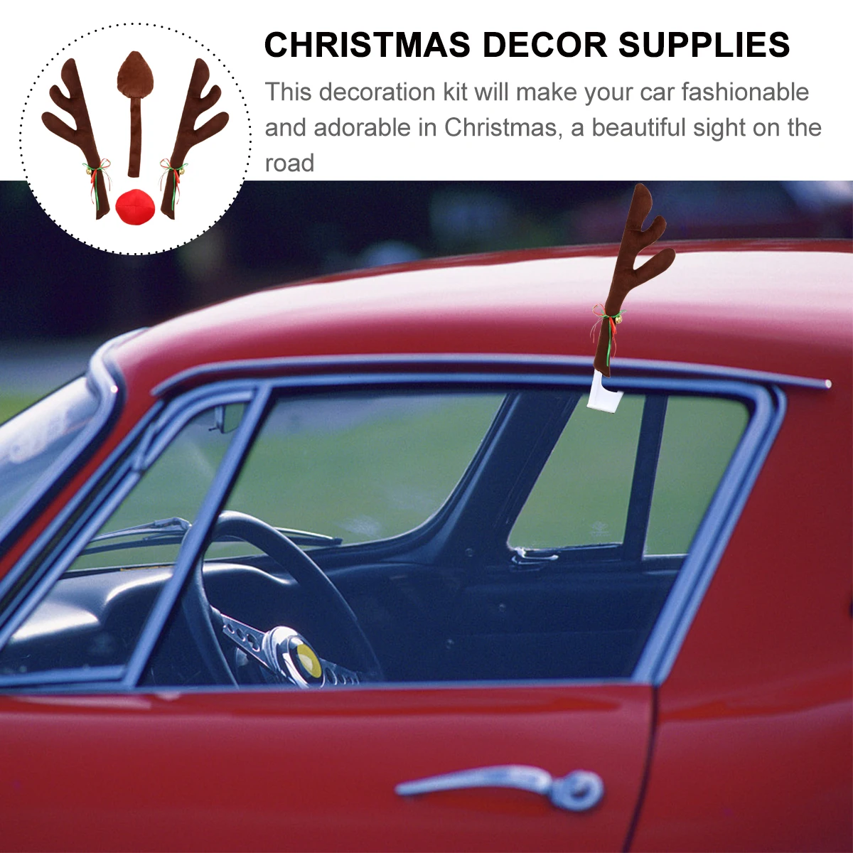

4Pcs Flannel Car Antlers Christmas Auto Decor Durable Reindeer Nose Tail Xmas Car Decoration Kit Flannel Antlers