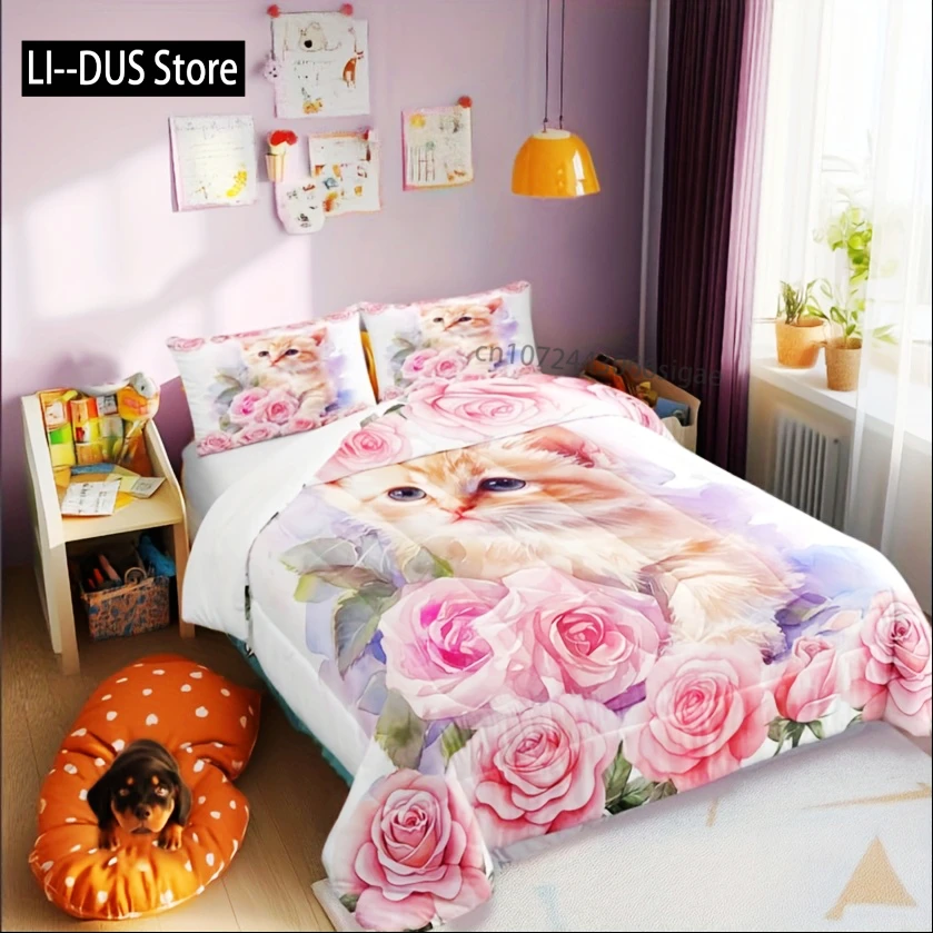 

Kawaii Pink Cat Bedding Set Twin/Full/Queen Size Floral Pink Rose Blossoms Duvet Cover Set For Women And Girls Room Decor