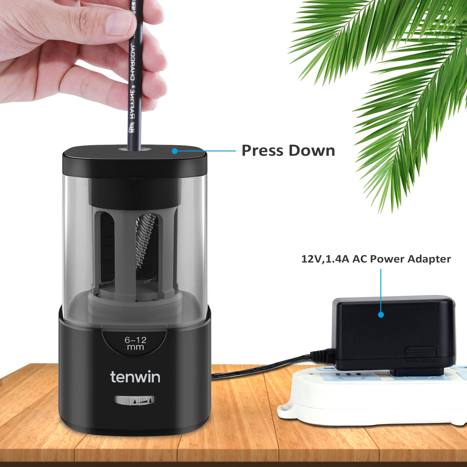 Tenwin 6-12Mm Rautan Pensil Listrik Auto-Stop Besar Alat Tulis Mempertajam Perlengkapan Kantor Sekolah Rautan Mekanik Hadiah Anak-anak