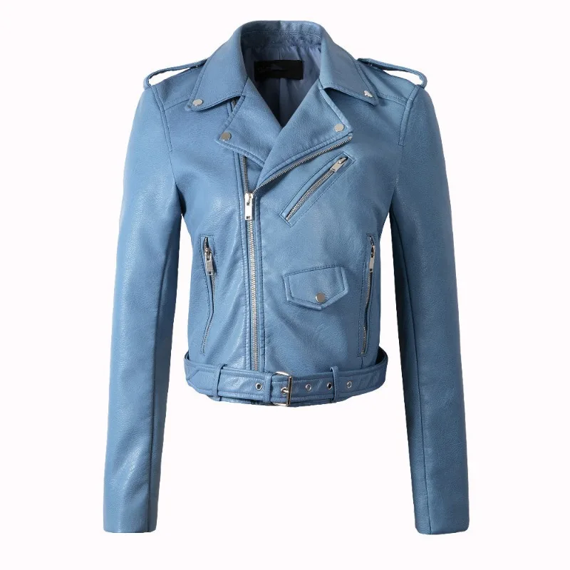 PU Washed Leather Jacket Casual Short Lady Lapel Diagonal Zipper Jacket Female Locomotive Coats Spliced Pockets Women's Clothing