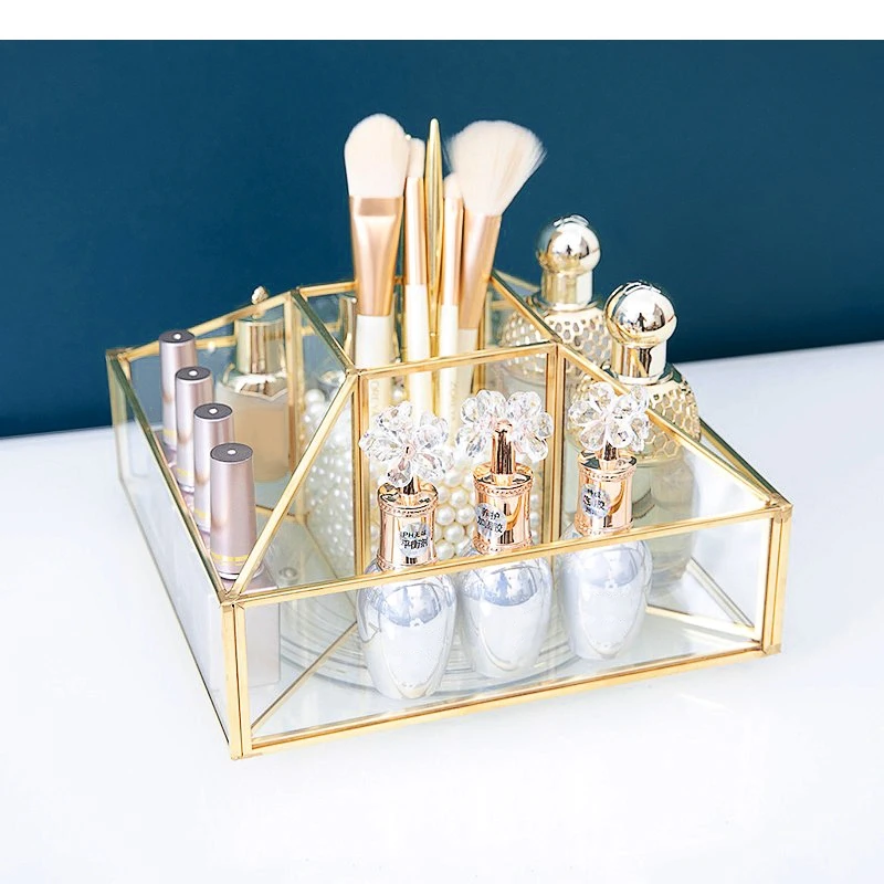 

Square Glass Cosmetic Jewelry Storage Box Skin Care Product Shelves Home Desktop Multi Grid Snack Candy Boxes Pen Holder