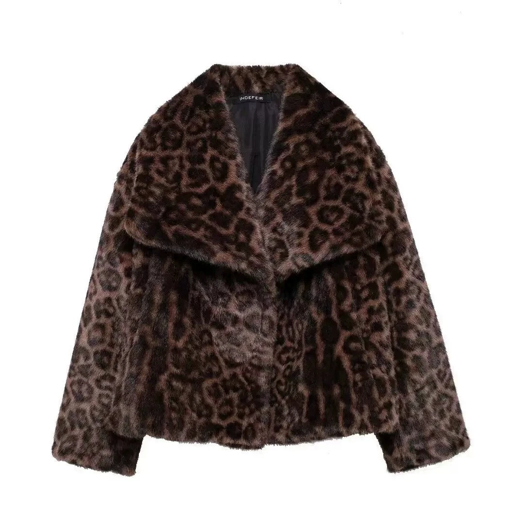 Leopard Print Warm Faux Fur Coat Women Fashion Keep Warm Lapel Collar Long Sleeves Thick Fur Coats Winter New Female Streetwear