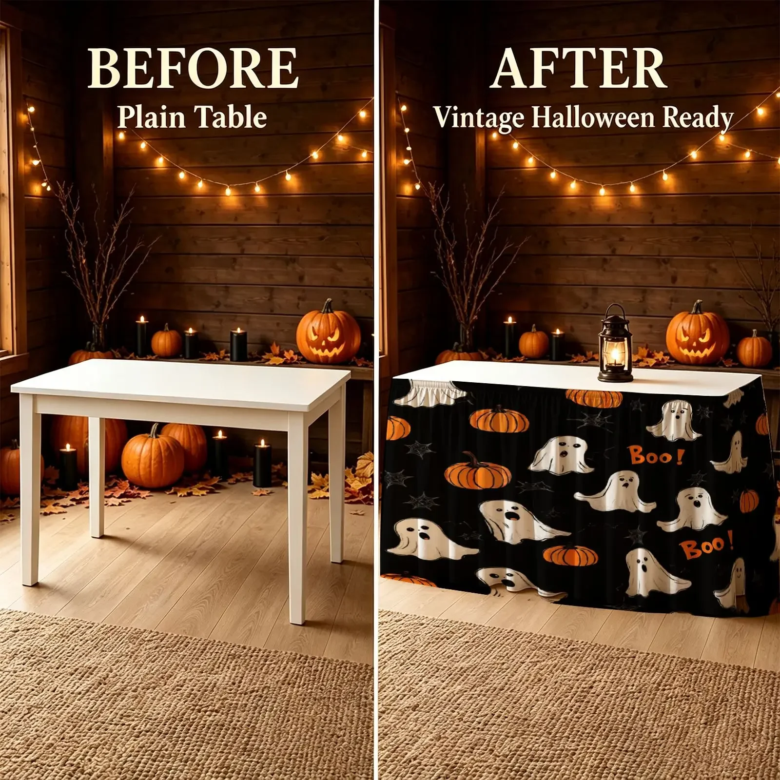One-piece Halloween and Christmas party table skirt - White ghost, Orange pumpkin, Boo text, Black background