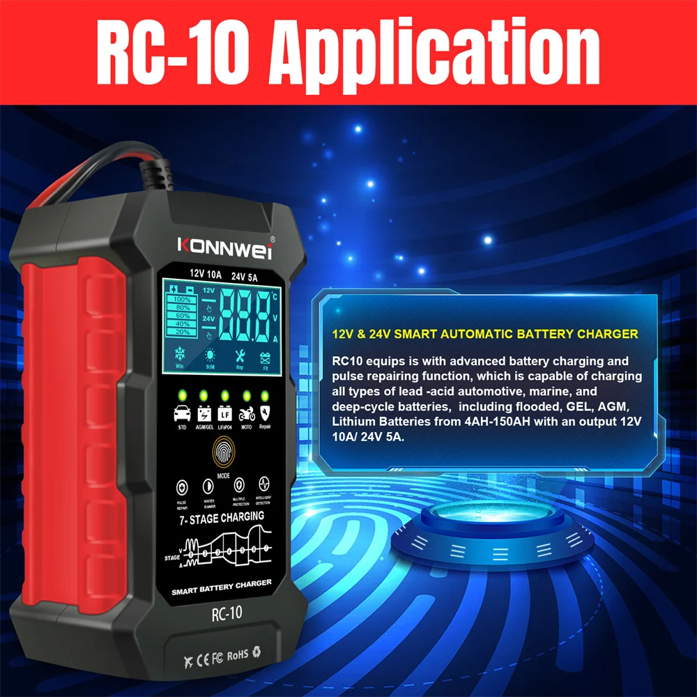 KONNWEI RC-10 12V 24V 10A 5A Full Automatic Full Car Battery Charger Repair Tool Pulse Auto Lead Acid Power supply Pk KW510