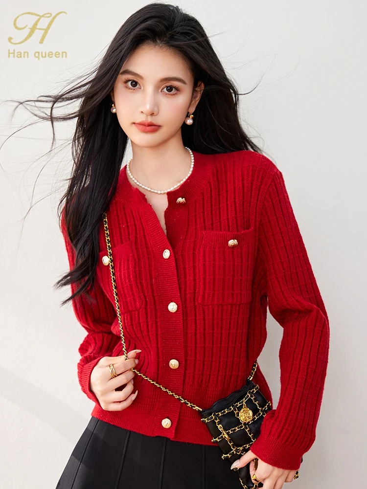 H Han Queen Autumn Winner Loose Long Sleeve Top Christmas Sweaters Elegant Simple Vintage Casual knitted Cardigan Sweater Female