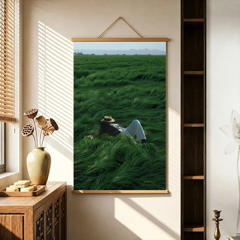 Wall Decor Quiet Figures Resting in Green Meadows, Slow Living Pearlescent Canvas Wall Hanging Scroll for Wellness Space Decor