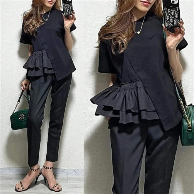 

Лето 2025 г., женская футболка с короткими рукавами в японском и корейском стиле, свободная лоскутная футболка с рюшами и нерегулярным подолом