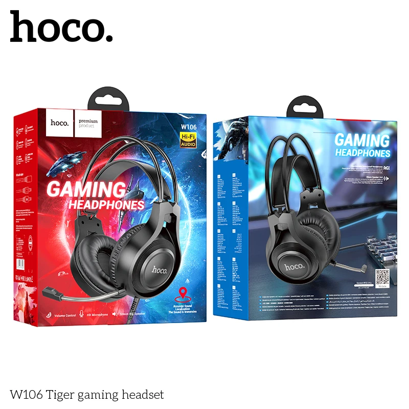 HOCO W106 Gaming Headset Stereo Surround Bass Dubbele audiopoorten Oortelefoon Hoofdtelefoon met microfoon LED-licht voor computer PC Laptop