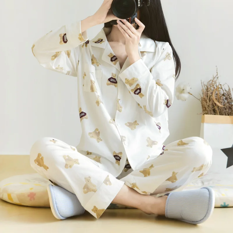 

Women's Pajamas Spring Autumn Cotton Long-sleeved Trousers 2-piece Set Cute Bear Cardigan Cotton Thin Loungewear Set