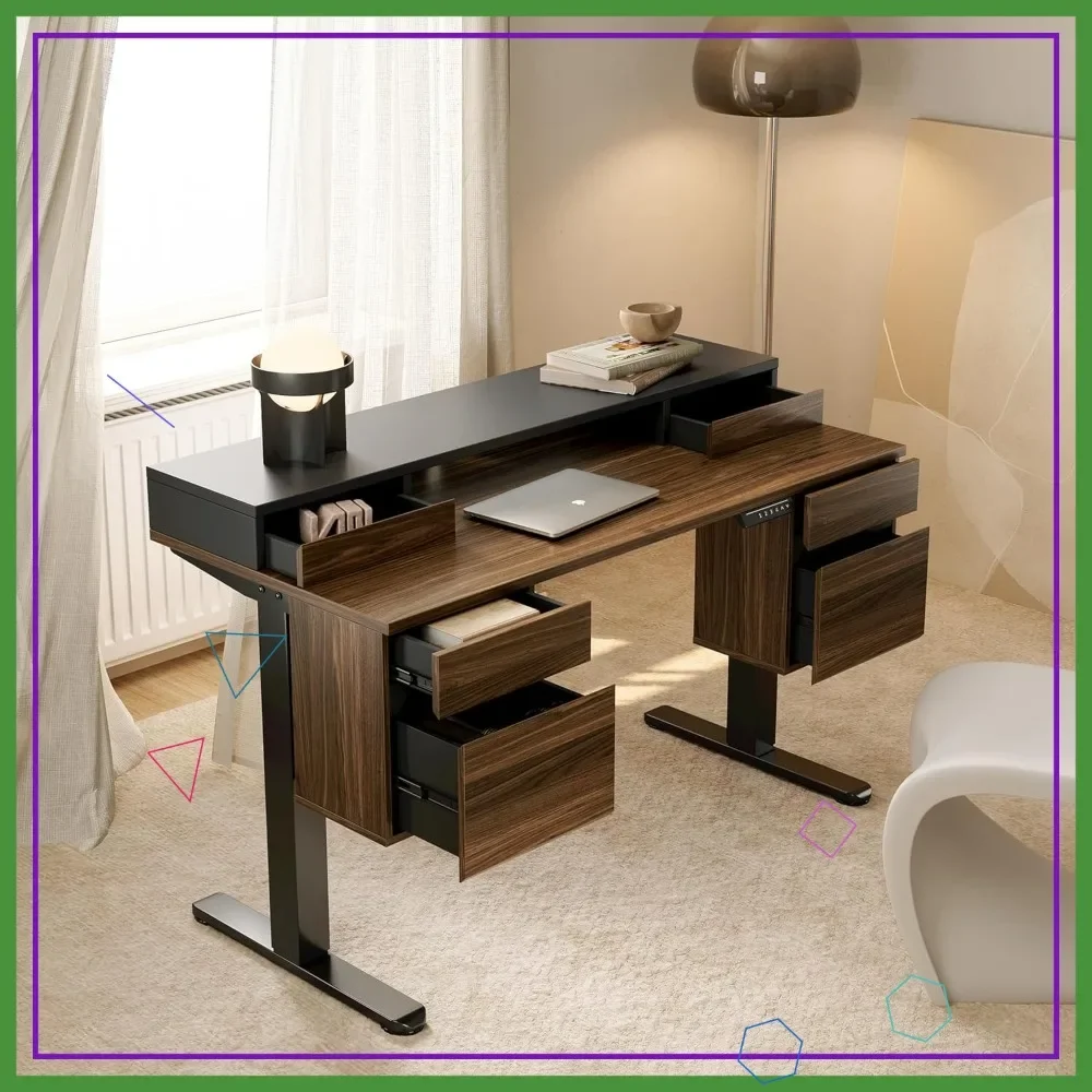 

55 Inch Electric Standing Desk with 6 Drawers, Adjustable Height Home Office Workstation, Black Walnut