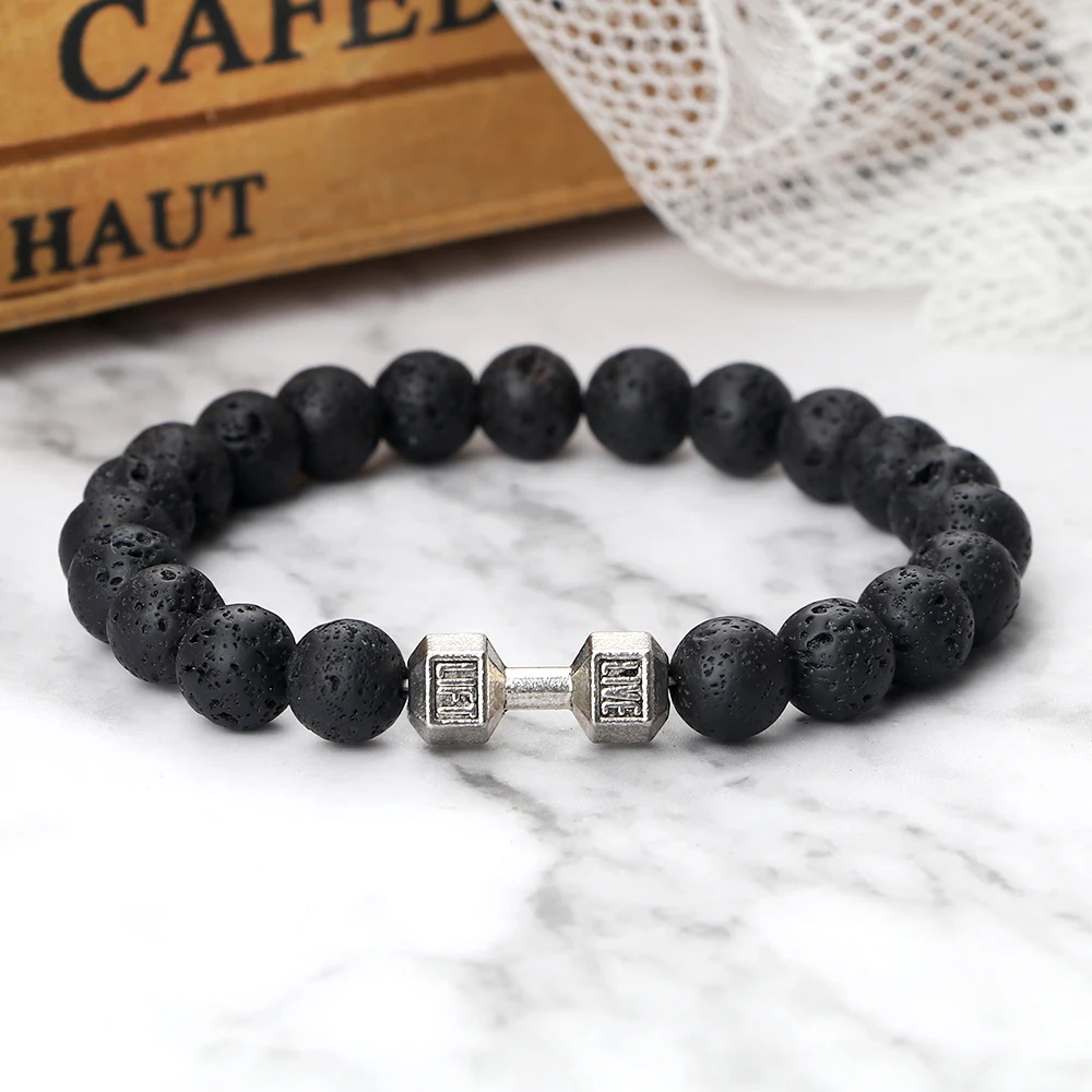 New Dumbbells Bracelets Bead Fashion Natural Fit Life Black Stone Beaded Bracelet For Men's Energy GYM Barbell Jewelry Gifts