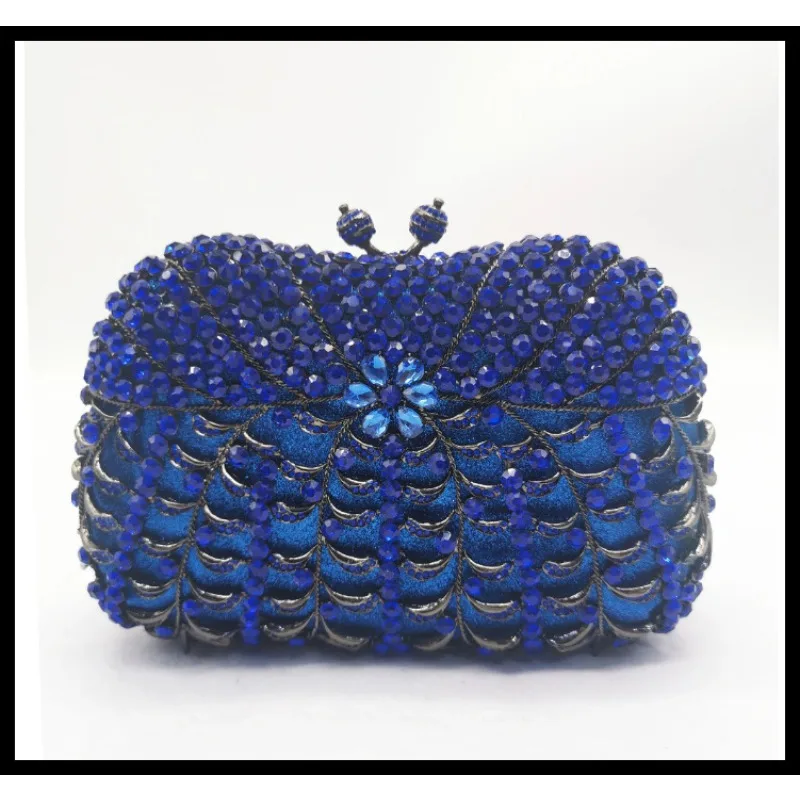 Royal Blue Fish Scale Floral Hollow Rhinestone Rectangle Clutch Luxury Chinese Style Evening Purse Mature Women Wedding Banquet view 6