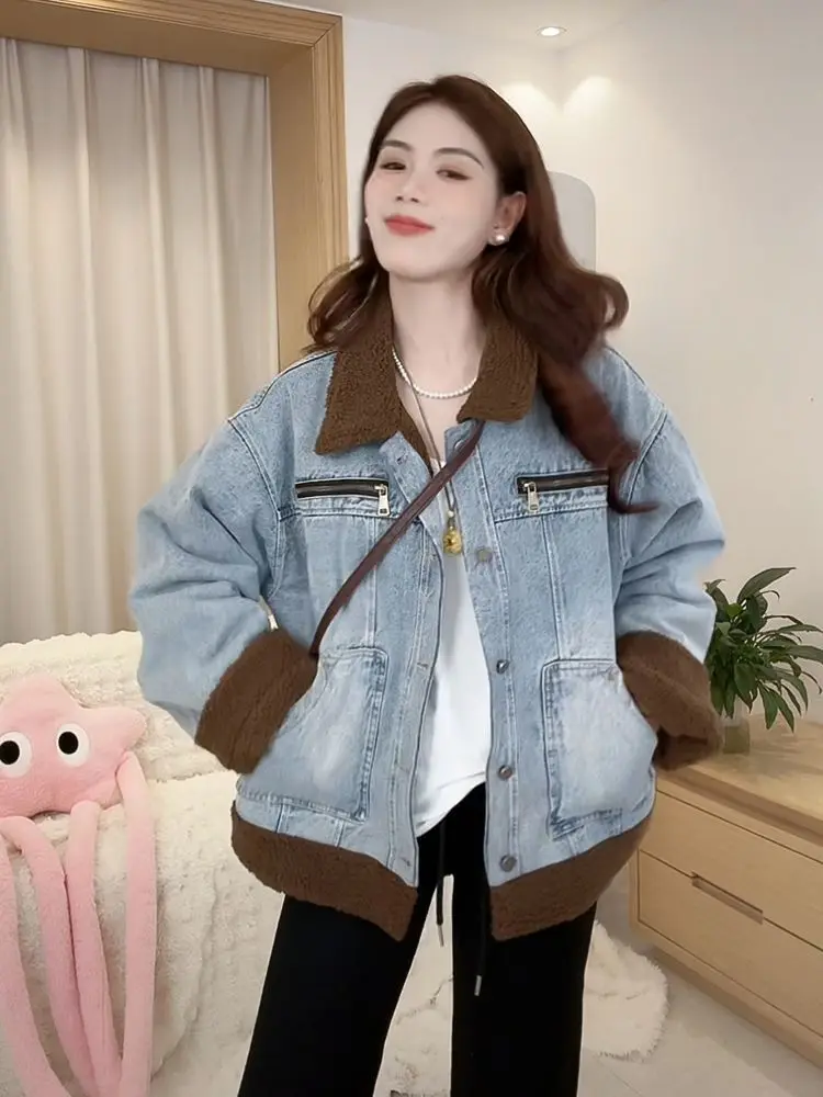 

Denim Coat Buttions Fur Plush Womens Winter Cotton-Padded Flare Minimalism Urban Social Gathering Standneck Snap Button Hooded