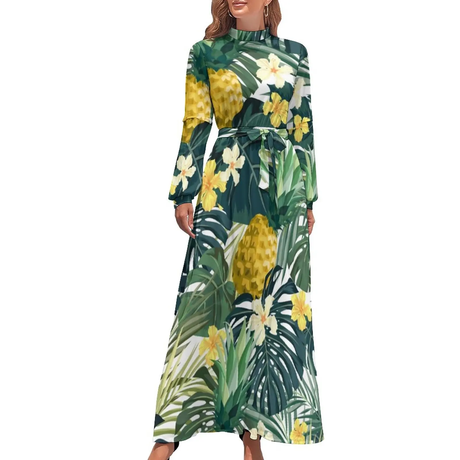 Tropical Floral Print Dress Light Pineapple Cute Print Maxi Dress High Neck Long-Sleeve Street Fashion Beach Long Dresses